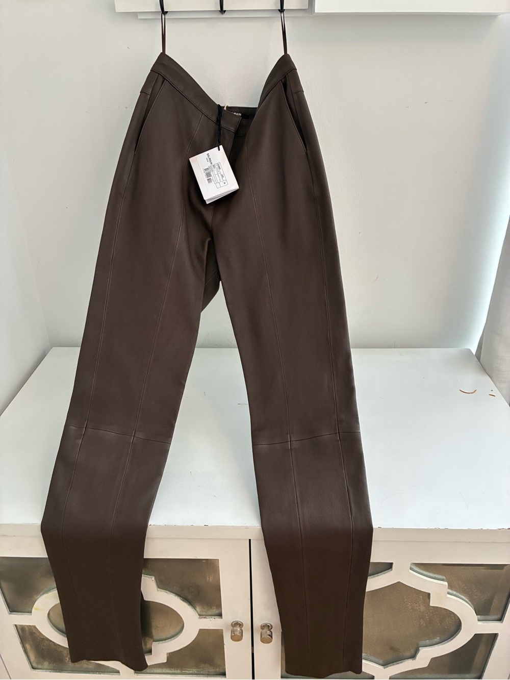 Balmain Brown Leather Skinny Pants